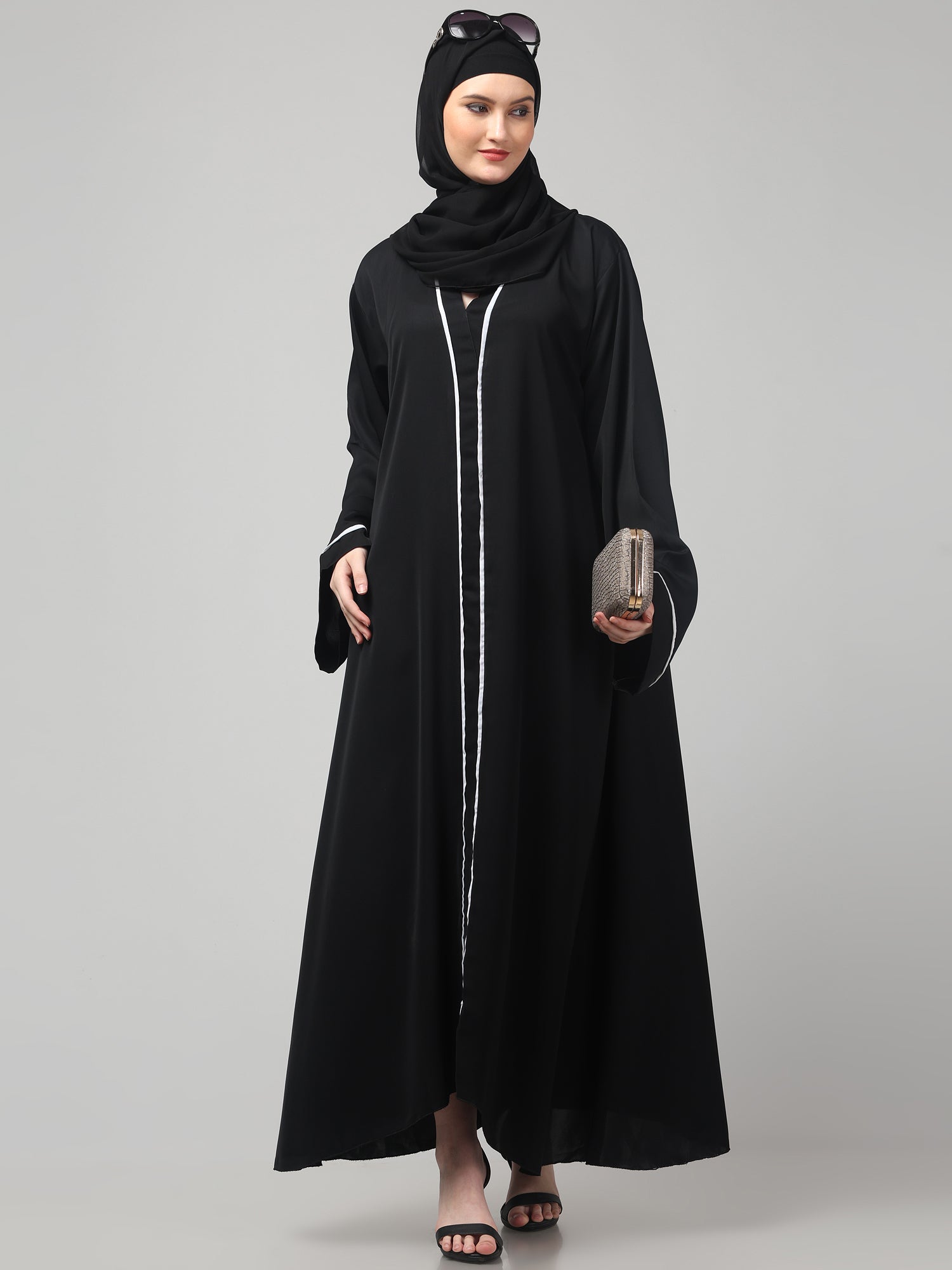 Classic Black Abaya with White Piping Detail